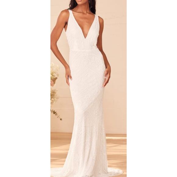LULU'S XS The Sweetest Vows White Beaded Sequin Mermaid Wedding Maxi Dress B130 - Picture 1 of 10